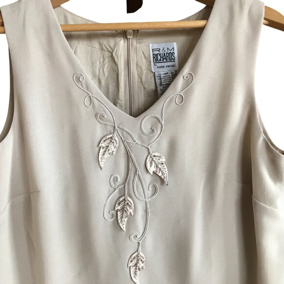 R&M Richards Karen Kwong 70s Floral Leaf Embroidered Cream Blouson Dress Size 12 - Picture 14 of 16